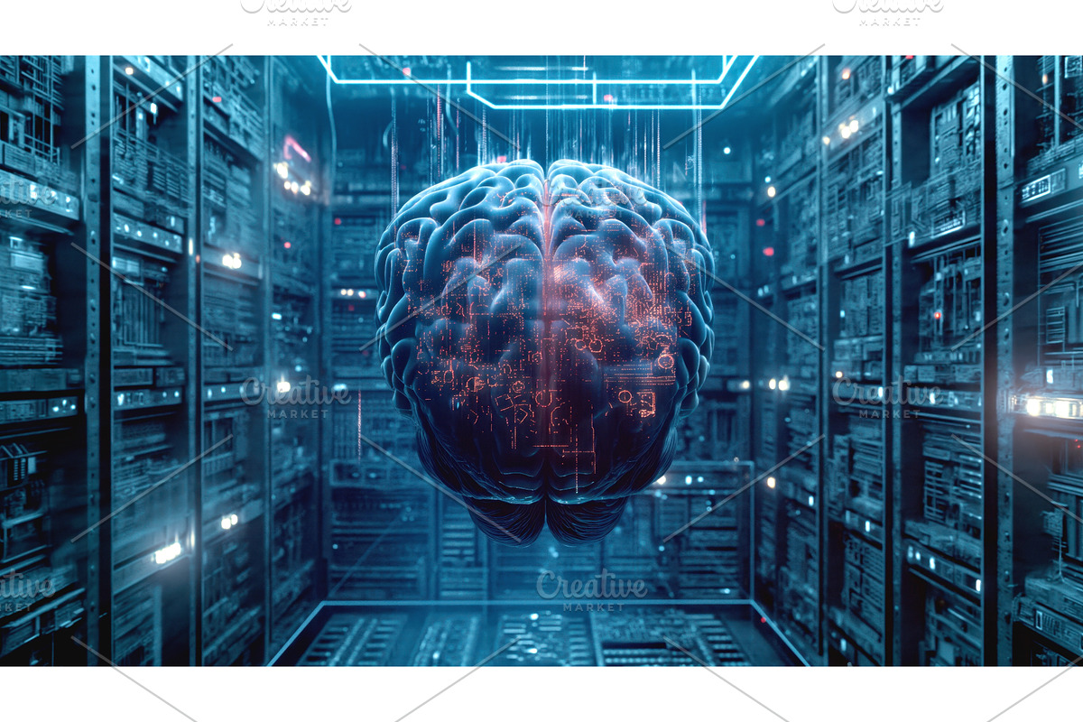 A 3D-illustrated human brain with, a Technology Illustration by Sergey Kotenev