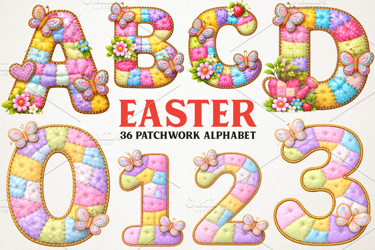 Easter Patchwork Alphabet PNG Bundle, an Illustration by RobertsArt (Photo 1 of 7)