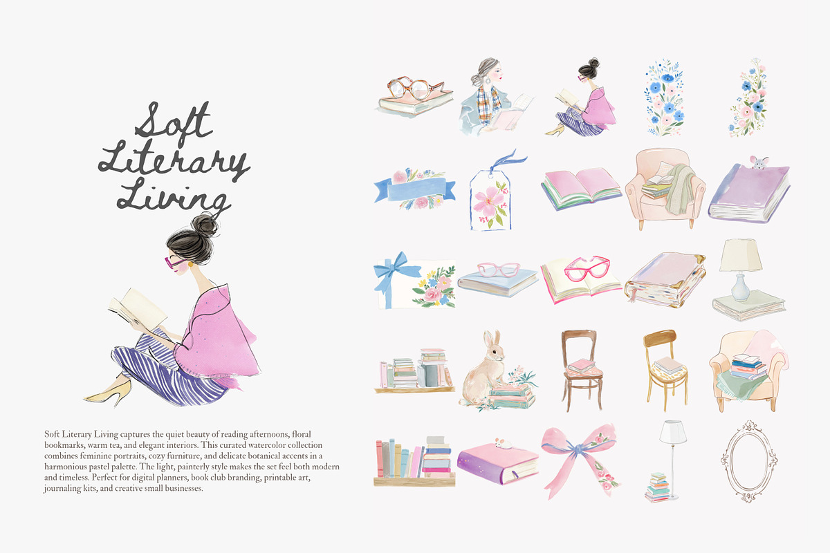 Soft literary living clipart bundle, a Decorative Illustration by Patishop Art (Photo 3 of 8)