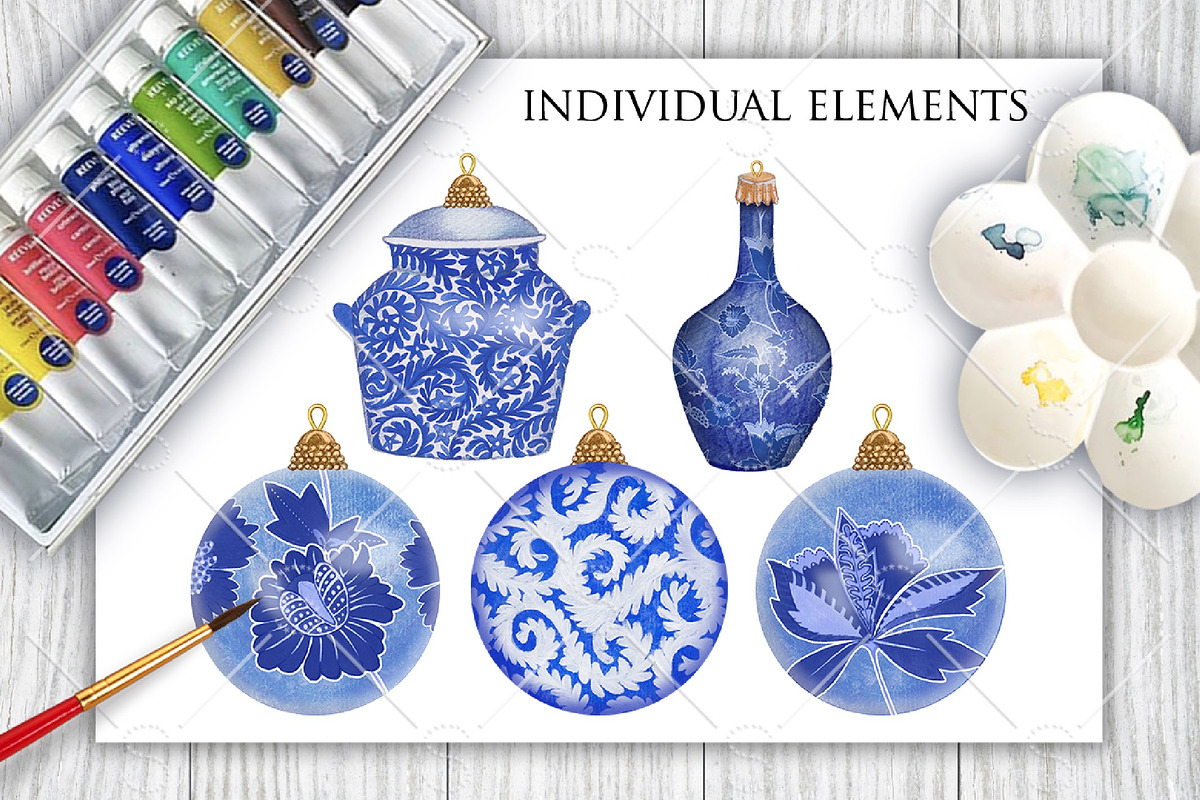 China Blue Christmas Ornaments Pack, a Decorative Illustration by Dana Designs (Photo 5 of 14)