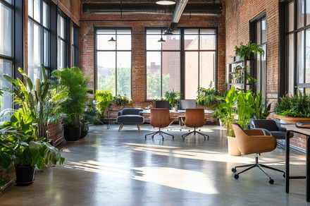 Modern Industrial Office with Natural Light and Green Plants, an Abstract Photo by Natalia Klenova's Shop