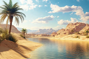 Desert oasis landscape featuring a s, a Photo by Iftikhar Alam