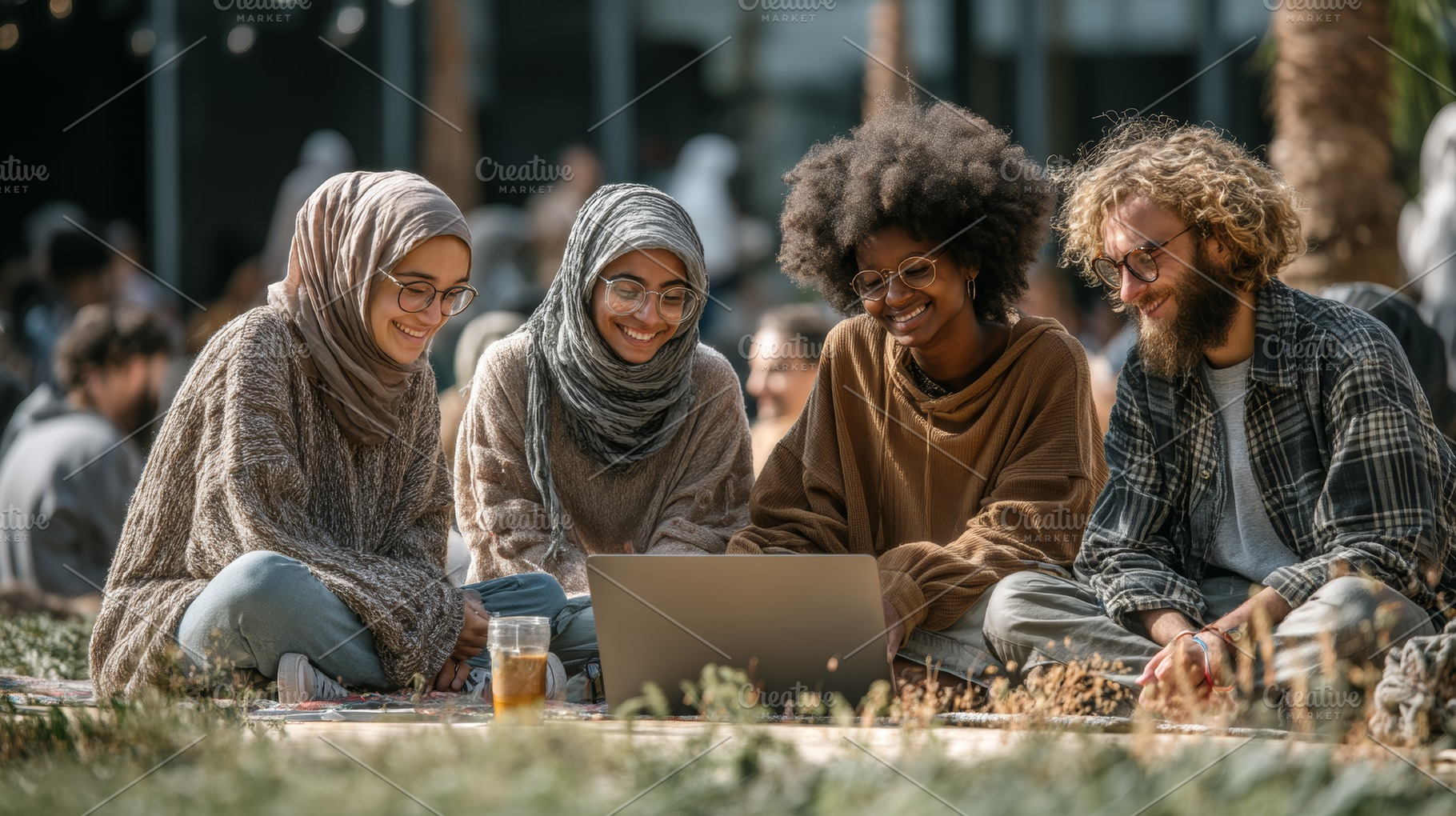 Diverse group of students studying on grass together with a laptop outdoors, a Photo by AS photostudio