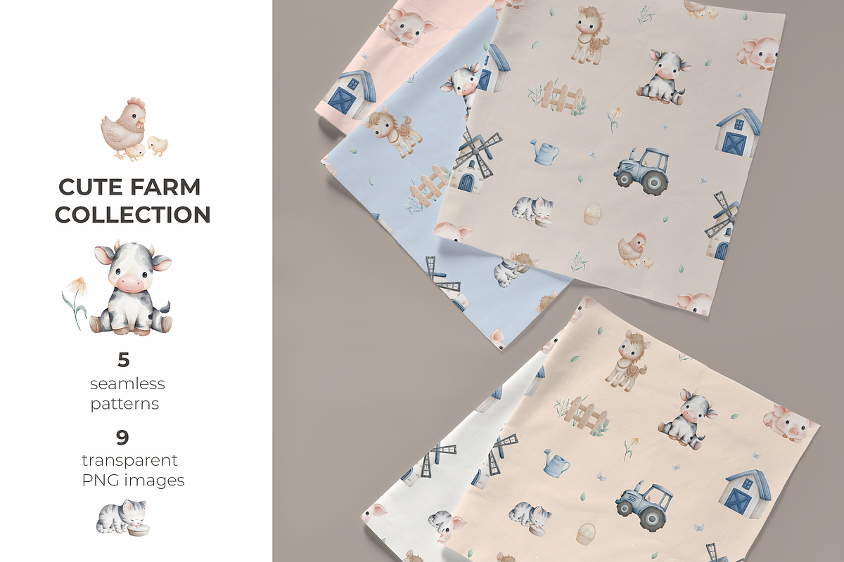 Farm Animals & Tractor Pattern Set, a Pattern Graphic by tetiartline (Photo 1 of 8)