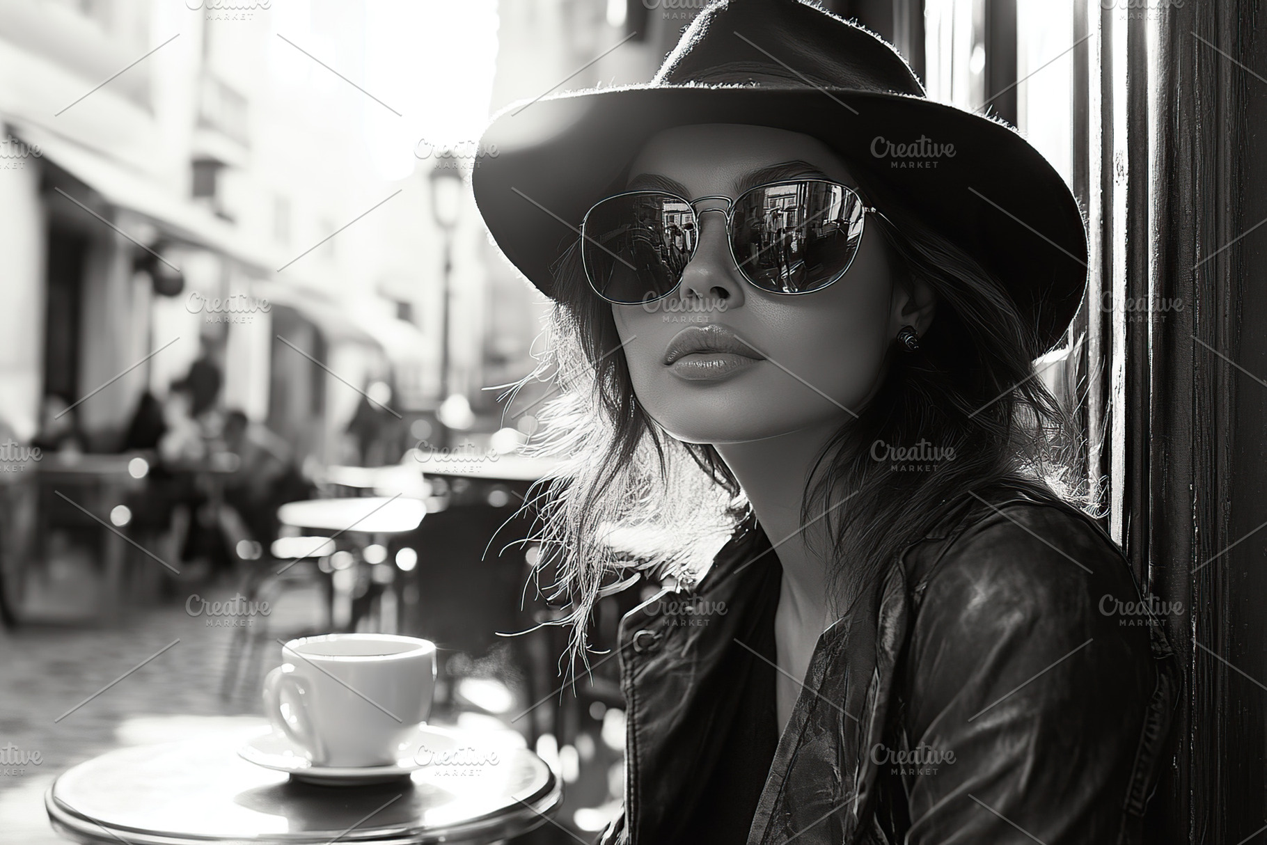 Attractive woman resting in outdoor cafe, photo in black and whi, a Person Photo by AlyaAnd