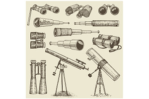 Set Of Astronomical Instruments, Telescopes Oculars And Binoculars, Quadrant, Sextant Engraved In Vintage Hand Drawn Or Wood Cut Style , Old Sketch Gl