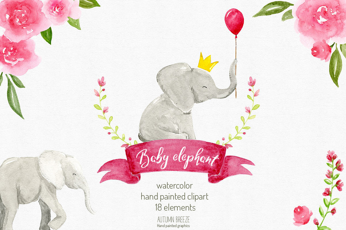 watercolor baby elephant clipart, an Animal Illustration by Autumn Breeze (Photo 1 of 3)