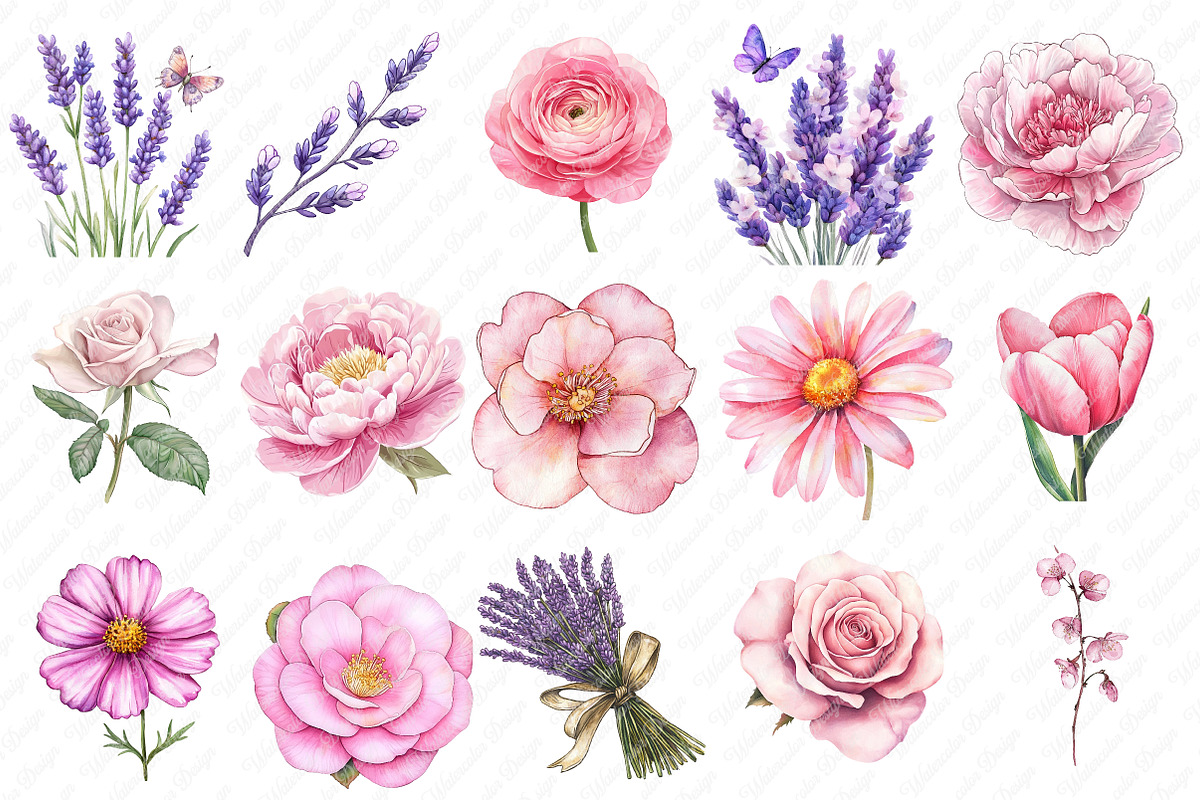 Lavender & Pink Flowers Watercolor, an Illustration by Watercolor design (Photo 2 of 13)