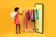 Black Lady Shopping Choosing Clothes In Huge Phone, Yellow Background, a Photo by Prostock-Studio (Thumbnail 2 of 4)