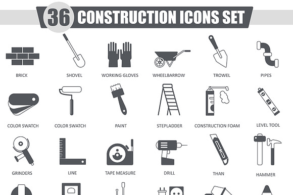 36 Construction Building Black Icons