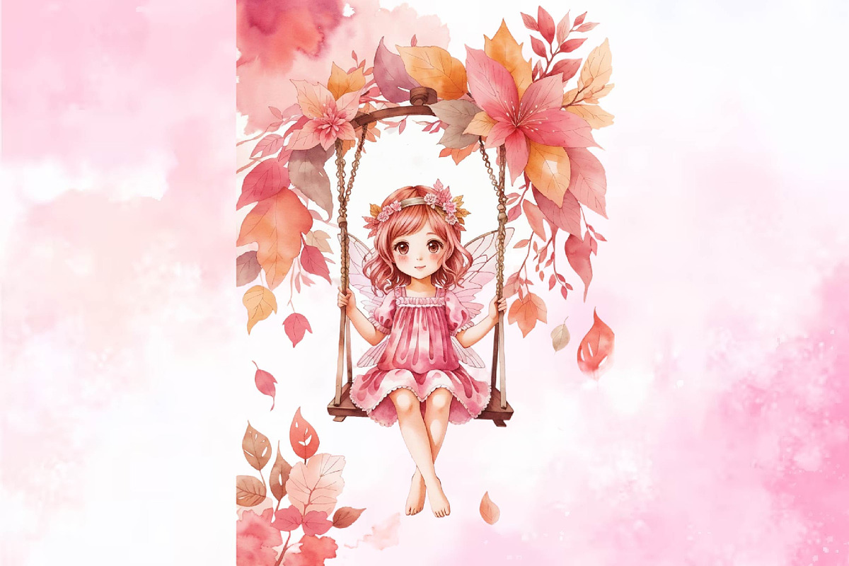 Pink Cute Autumn Fairy with Swing, a Seasonal Illustration by Craft Nest (Photo 4 of 5)