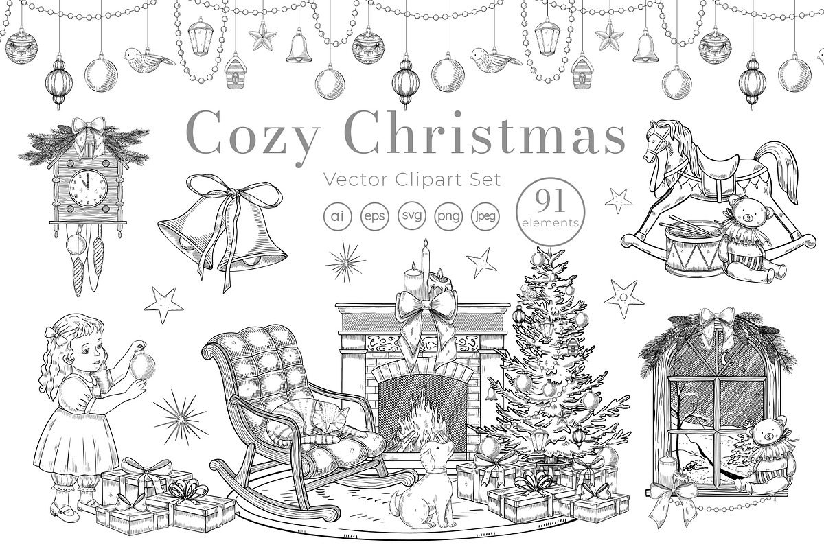 Christmas vintage linear vector set, a Graphic by Alisles (Photo 1 of 8)