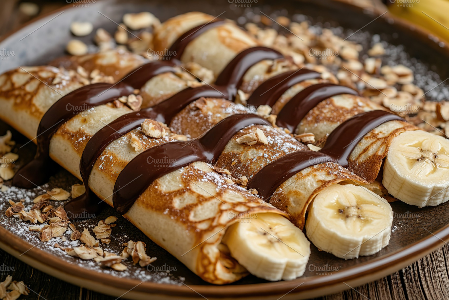 Delicious pancakes with melted chocolate and sliced bananas served on a wooden, a Food & Drink Photo by AlyaAnd
