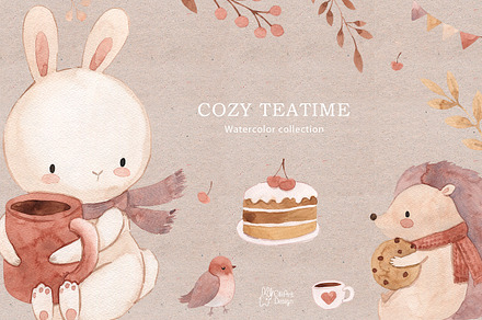 COZY TEATIME. Watercolor clipart