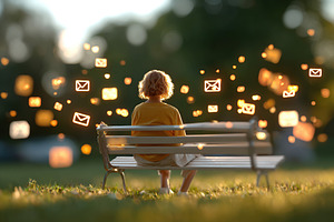 Person reflects in a park while surrounded by glowing icons of communication an, a Photo by AlyaAnd