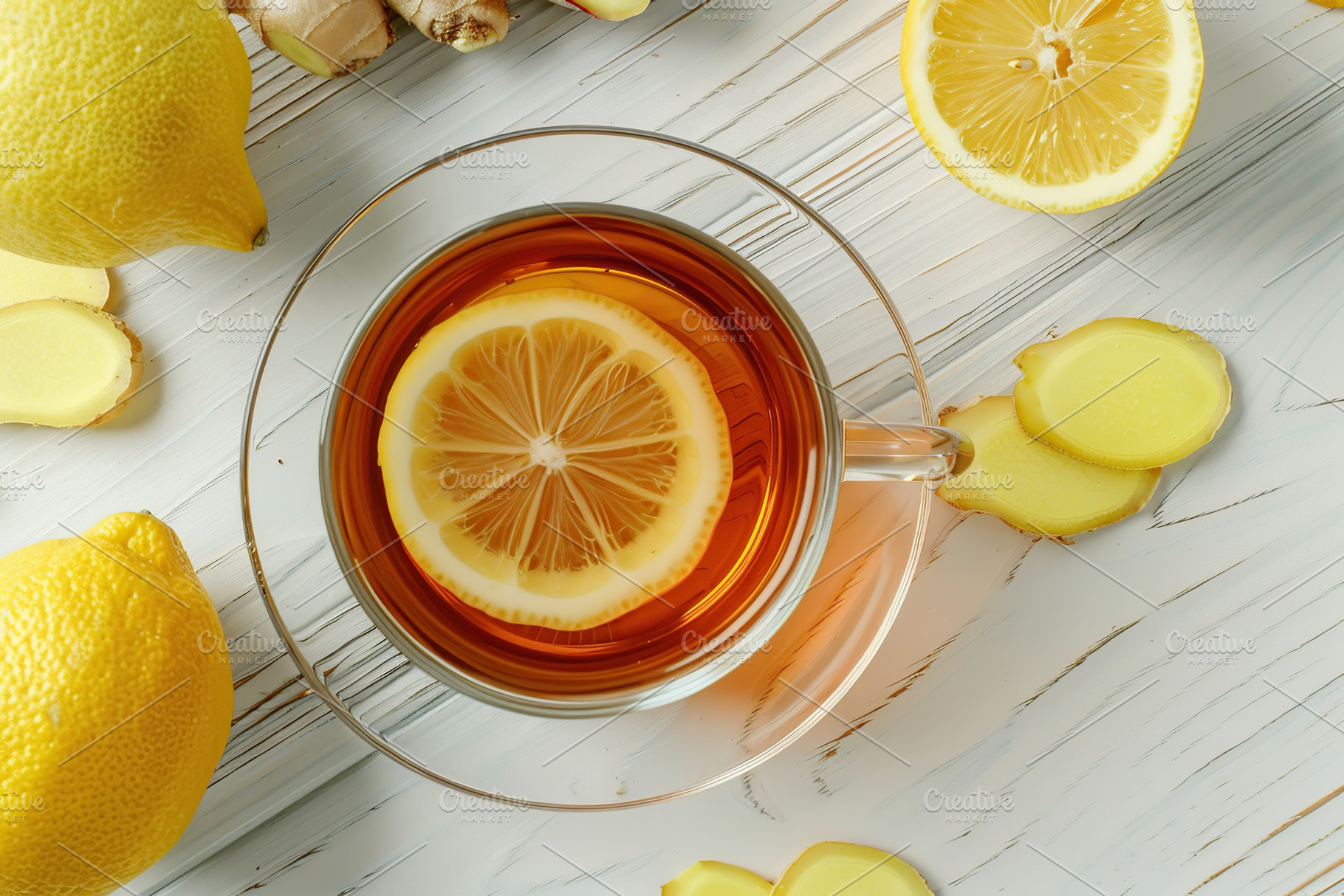 Glass cup of ginger tea with sliced ginger root on wooden table, a Food & Drink Photo by AlyaAnd