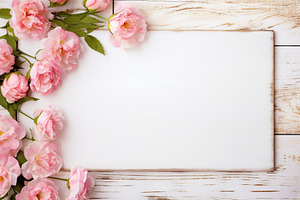 Bouquet of pink flowers with blank frame on white wooden background, a Background Photo by AlyaAnd