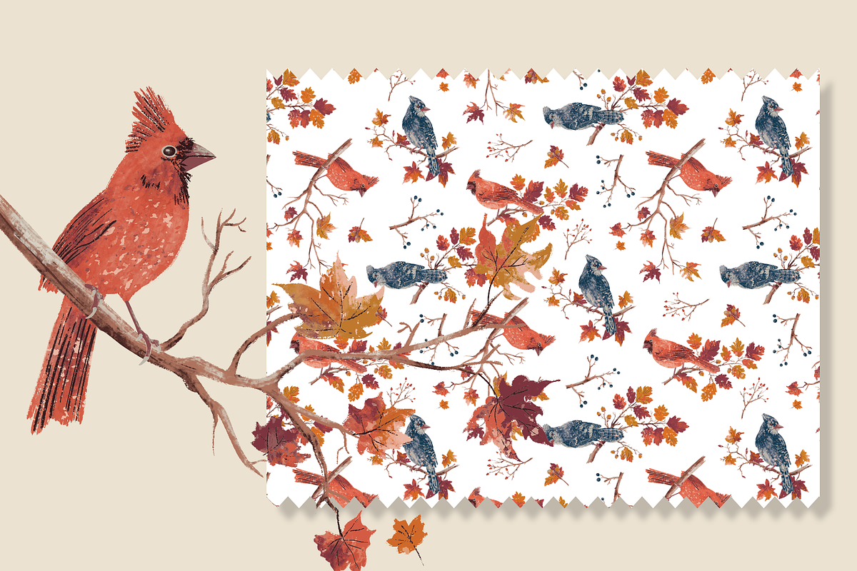 AUTUMN BIRDS SEAMLESS PATTERN DESIGN, a Pattern Graphic by Lady Bruniere Design (Photo 2 of 6)