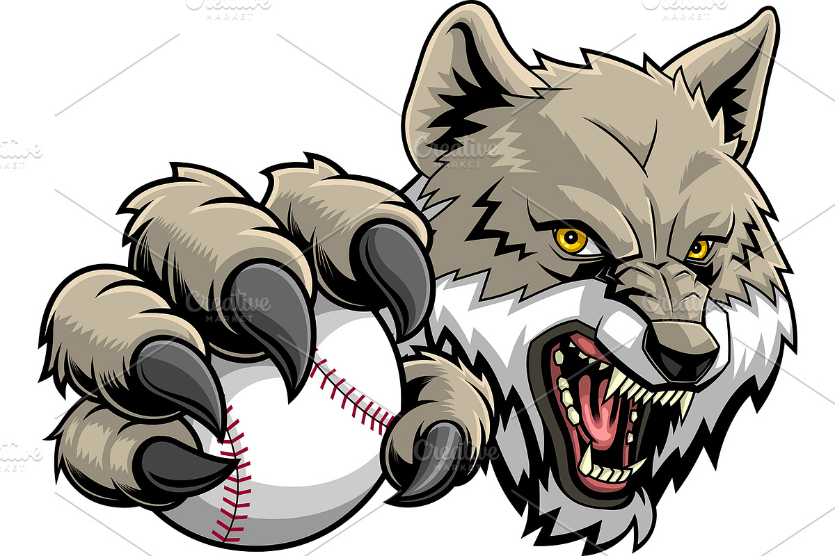 Wolf Mascot Holding Baseball Ball, an Illustration by HitToon