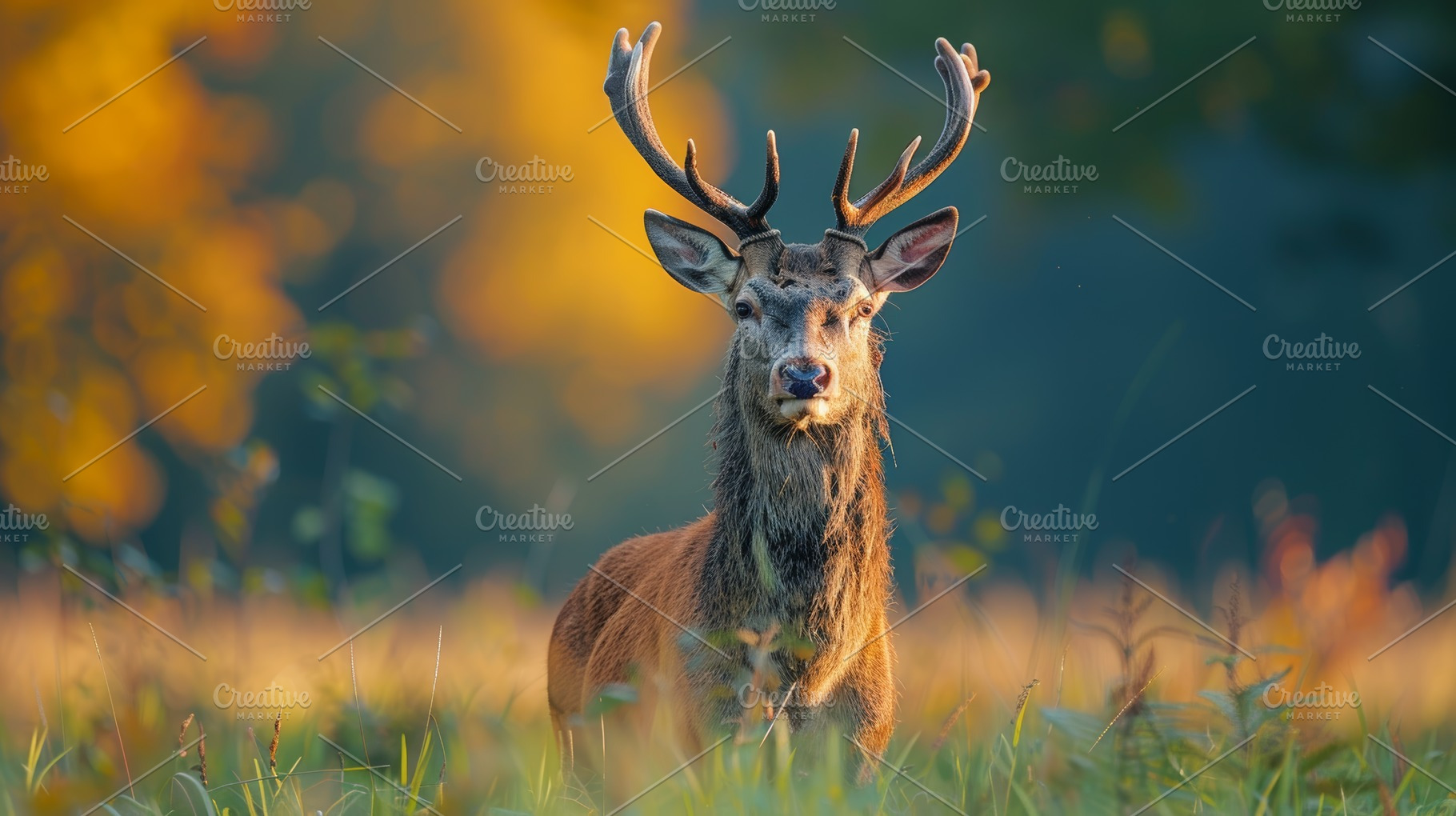 Majestic red deer stag standing in a golden woodland meadow at sunrise, a Photo by AS photostudio