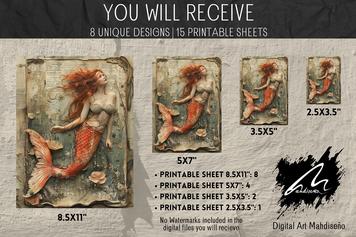 Red Mermaid, Grunge Collage Pages, a Person Illustration by Digital Art Mahdiseño (Photo 3 of 11)