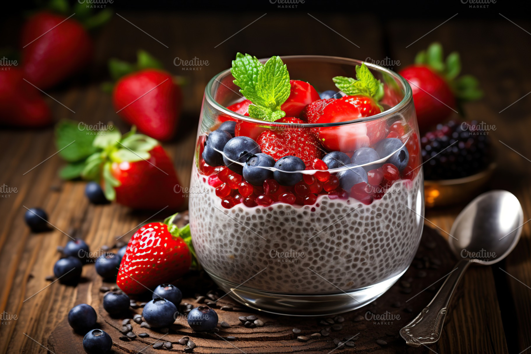Chia pudding with berries and granola in glass on wooden background, a Food & Drink Photo by AlyaAnd