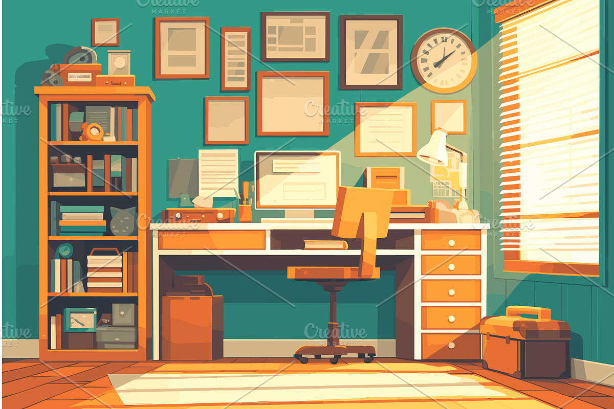 Cartoon vintage retro office with, an Object Illustration by LadadikArt