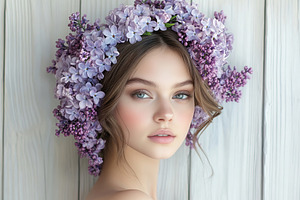 Beauty model girl with wreath on her head from purple lilac flowers, a Person Photo by AlyaAnd