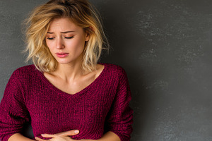 Woman experiencing discomfort holding stomach against a dark background, a Photo by AS photostudio