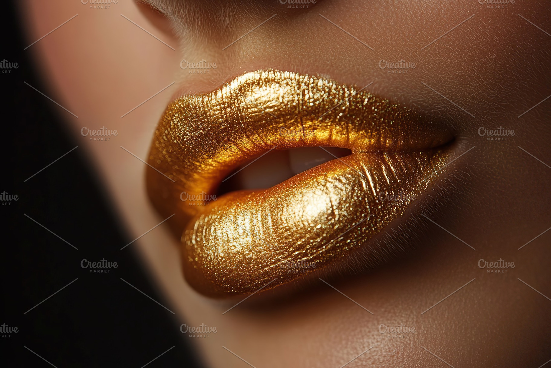 Closeup of soft, shimmering golden lips in high-quality detail, a Beauty & Fashion Photo by AlyaAnd