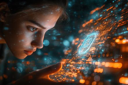 Young woman interfaces with glowing, a Background Photo by Pixeness