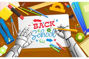 Robot writes back to school, a Technology Illustration by Vector Tradition