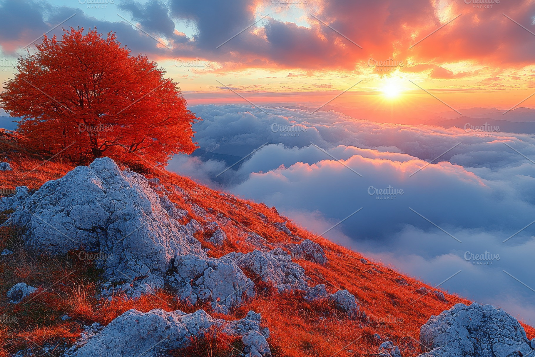 Majestic sunset over clouds with vib, a Photo by Tanuart