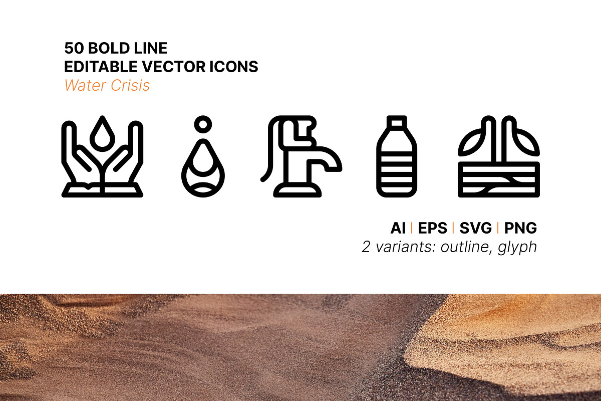 50 Water Crisis Icons, an Outline Icon by Side Project (Photo 1 of 8)