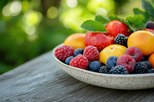Ceramic plate with fresh and ripe fruits, a Food & Drink Photo by AlyaAnd