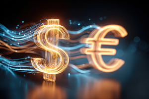 Glowing dollar and euro symbols with light trails, a Business Photo by AlyaAnd