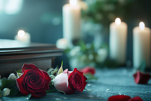 Red roses and candles on a funeral, a Background Photo by MistyDay