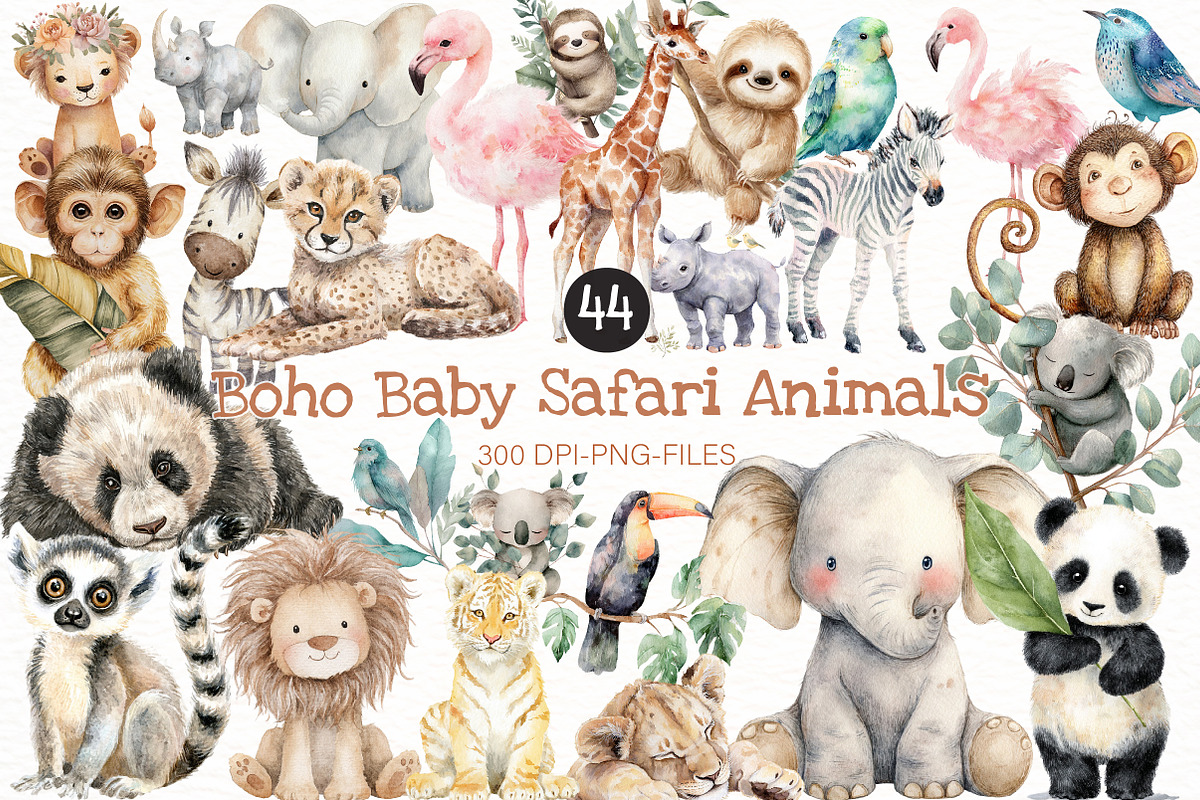 Watercolor Cute Baby Safari Animals, a Seasonal Illustration by Designworld (Photo 1 of 10)
