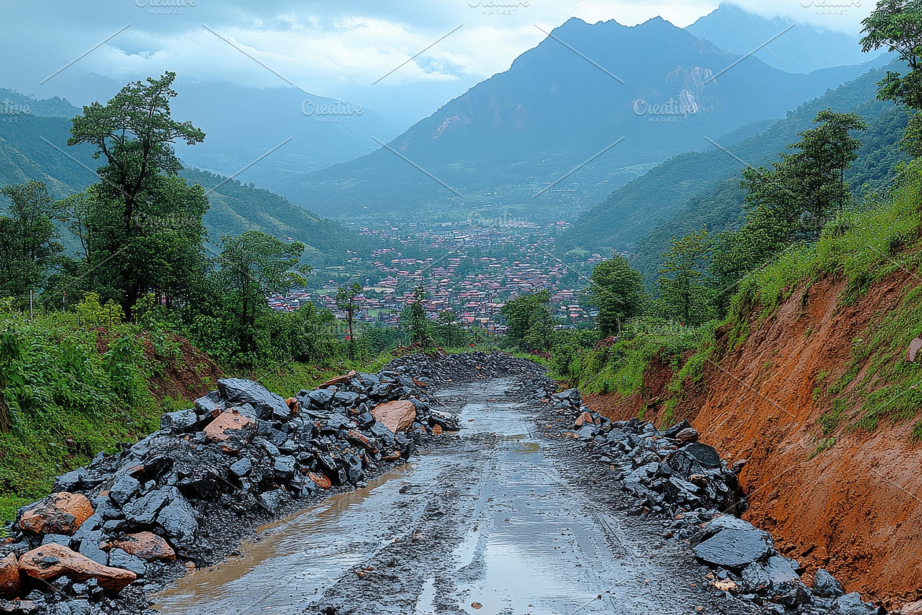 View of a gravel road through a moun, a Photo by Tanuart