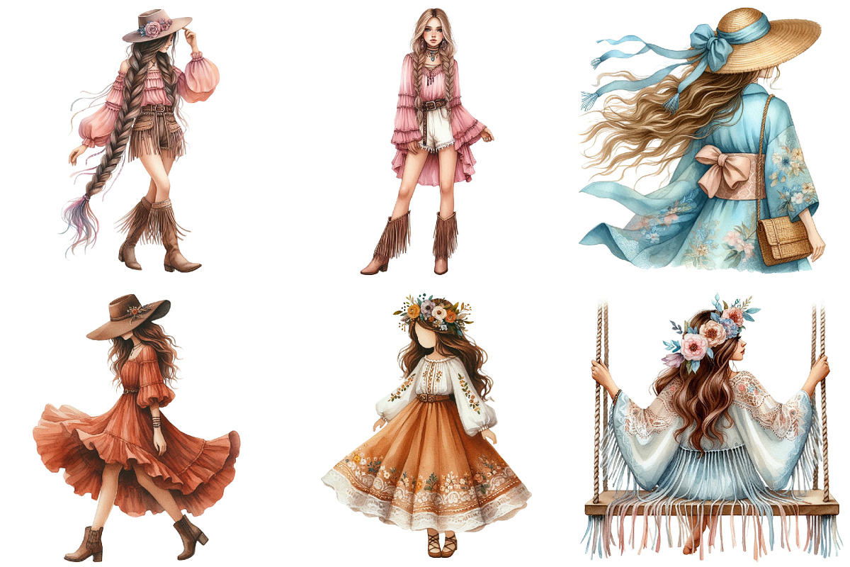 Watercolor Boho Girls Clipart, an Illustration by Libby Wishes (Photo 5 of 6)