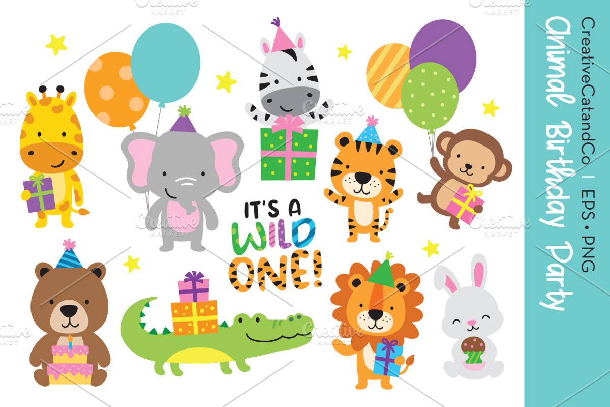 Animals Birthday Party EPS PNG, an Animal Illustration by CreativeCatandCo