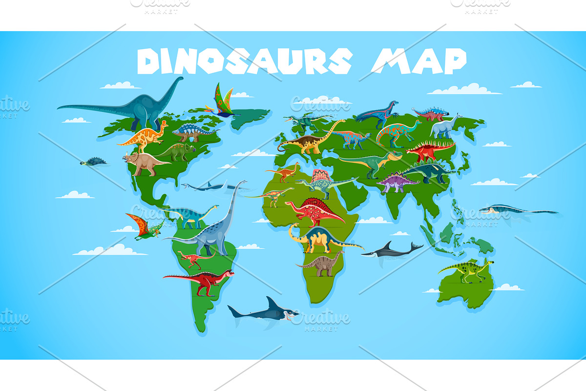 World map with prehistoric dinosaurs, an Animal Illustration by Vector ...