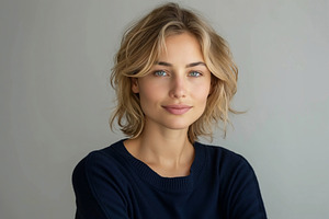 Young Caucasian woman with wavy blonde hair and blue eyes, wearing a navy sweat, a Person Photo by ImageMir