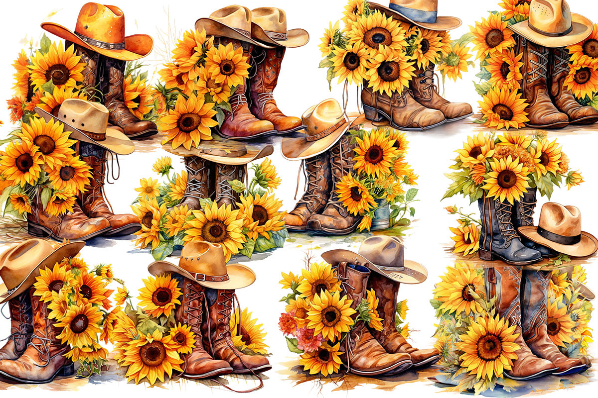 Cowboy Boots and hat with Sunflowers, an Object Graphic by Pixxel_Studio (Photo 2 of 3)