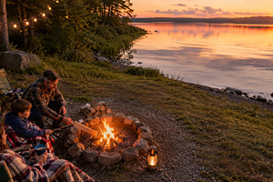 Family camping by a lakeside campfir, a Photo by Dvoevnore photos