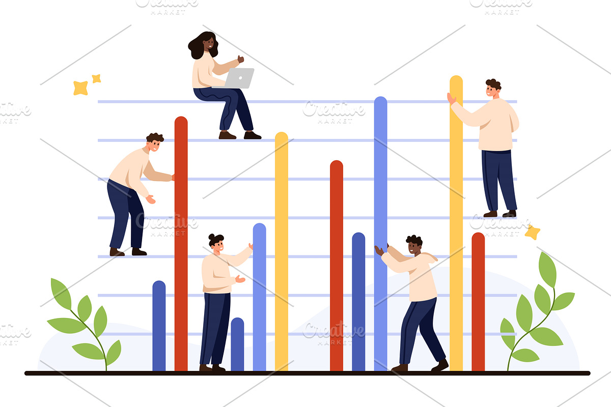 Teamwork Analyzing Colorful Bar, a Finance Illustration by Flashvector