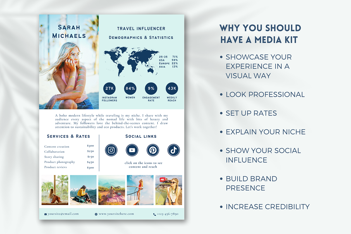 Travel Influencer Media Kit Blue, a Resume Template by Golden Horizons Studio (Photo 4 of 8)