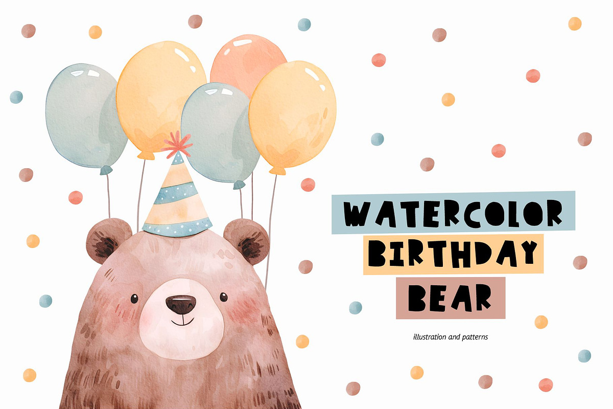 Watercolor Birthday Bear, a Decorative Illustration by MilaCreator (Photo 1 of 6)