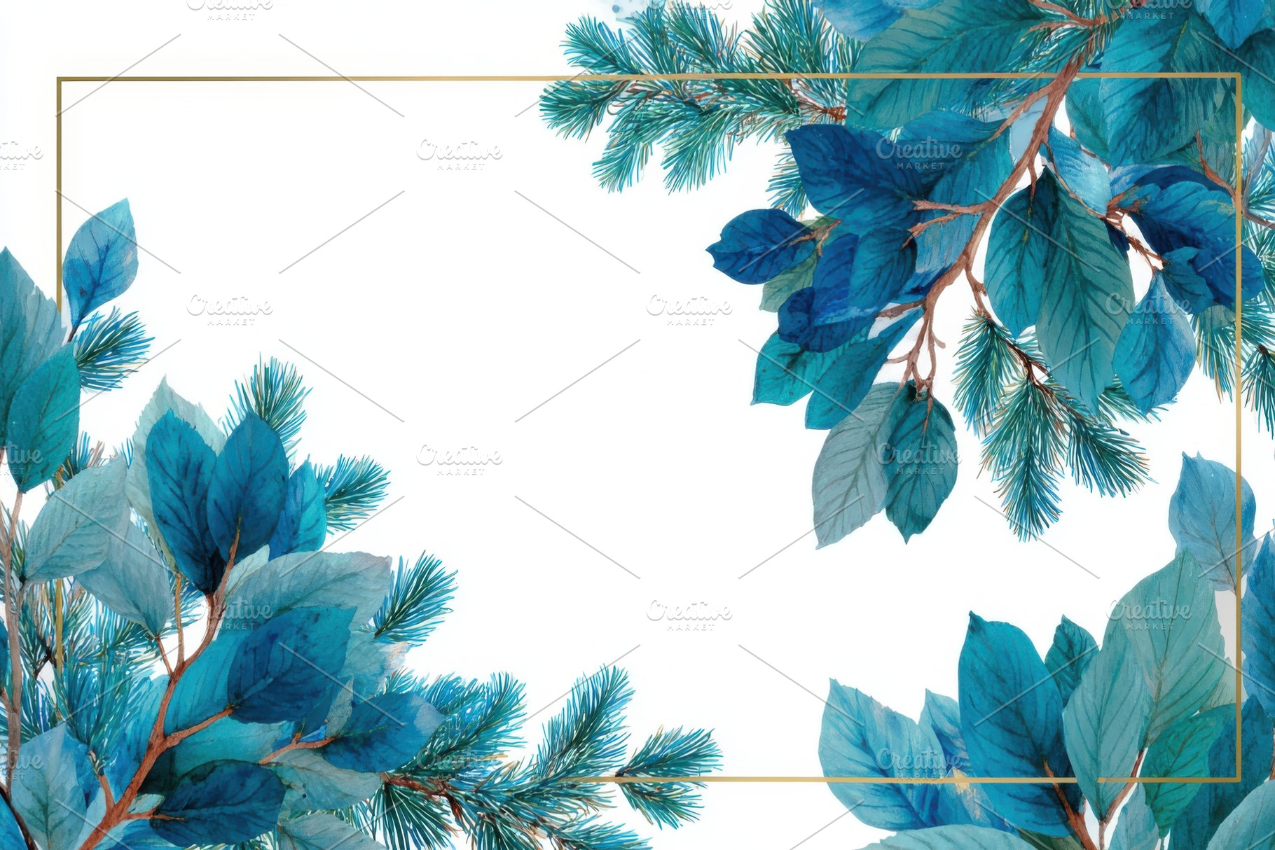 Blue leaves and pine branches frame, a Photo by Pixeness Studio