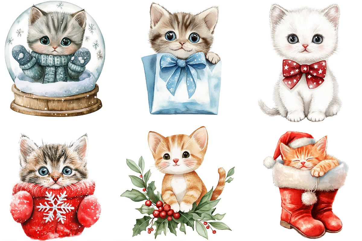 Watercolor  Kitten Christmas Clipart, an Illustration by Designking (Photo 3 of 4)